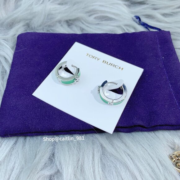 Tory Burch Kira Enamel Huggie Hoop Earring Shiny Hematite/green - Picture 3 of 5